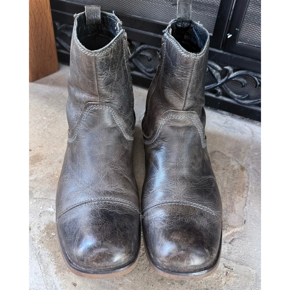 Bed Stu Men's 10 Leather Ankle Boots Distressed Brown Cap Toe Side Zip